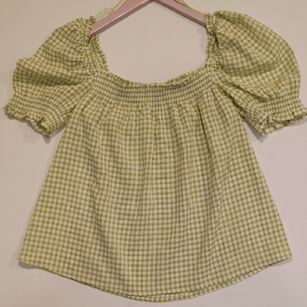 Babydoll Top Puff Sleeves Spring Green White Gingham Size Medium